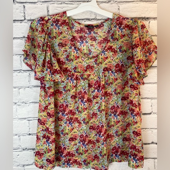 A.N.A. Floral Pink Flutter Sleeve Short Sleeved Shirt size XL - Picture 9 of 9